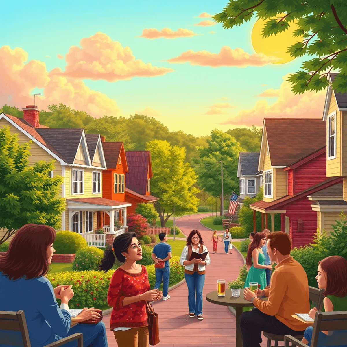 A picturesque suburban neighborhood in Oronoque, Connecticut, featuring charming houses and lush greenery, with people engaging in friendly convers...