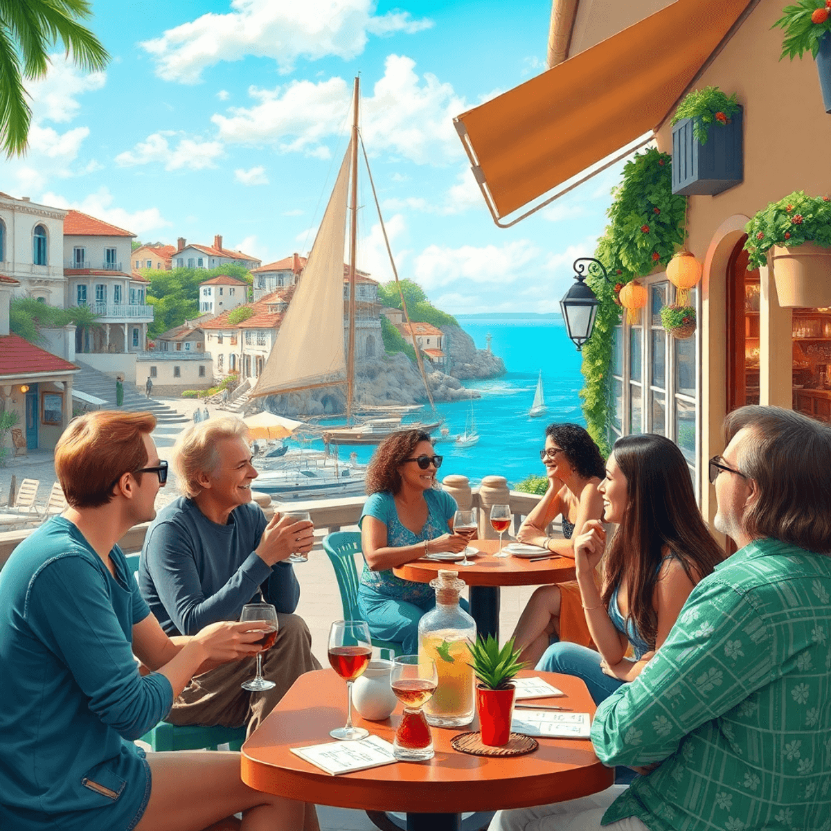 A vibrant coastal scene with a charming coffee shop, people chatting, wine glasses, trivia game materials, and festive decorations in a picturesque...