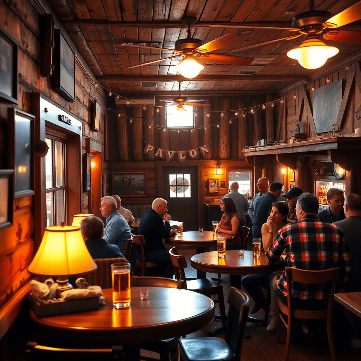 A warm, rustic saloon with wooden decor, inviting lighting, and tables where singles mingle, featuring drinks and a welcoming bar area that fosters...