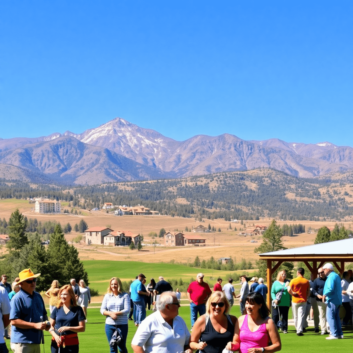 A vibrant community event in La Veta, Colorado, with people golfing and socializing in the foreground, set against the stunning Spanish Peaks and S...