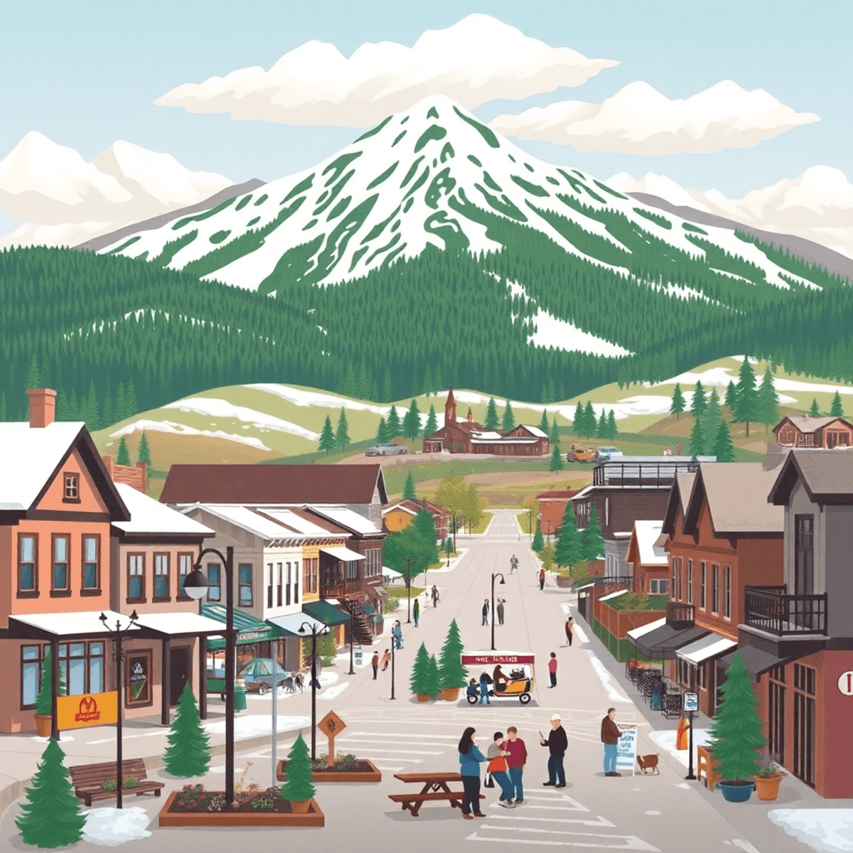 A scenic Colorado landscape with mountains, hiking trails, and ice golf, showcasing a cozy gathering spot that reflects community and connection in...