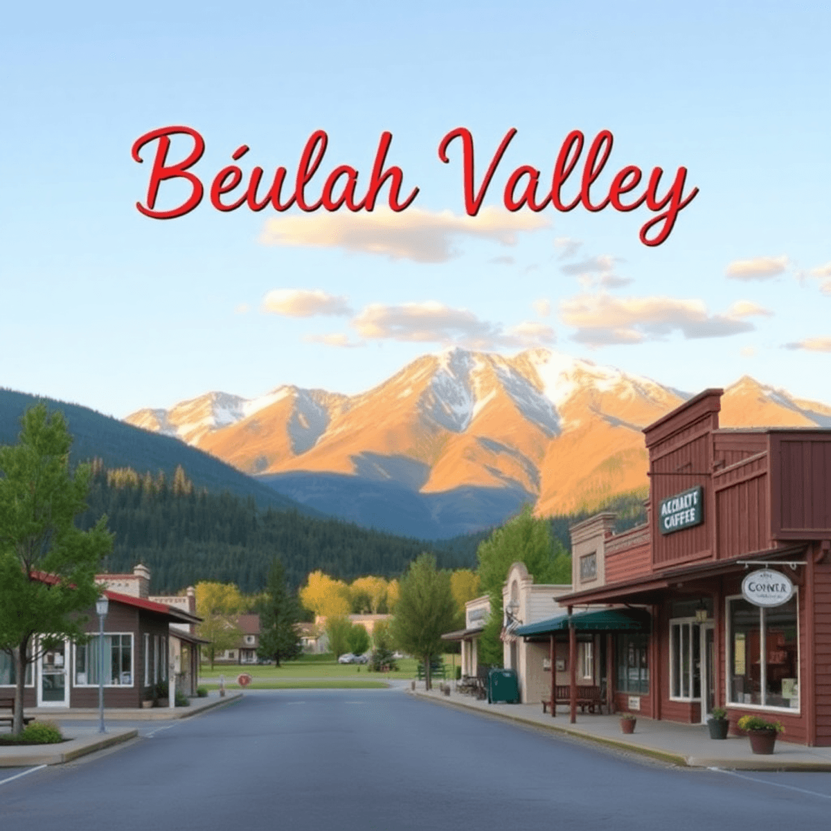 A scenic view of Beulah Valley, Colorado, featuring the Wet Mountains in the background, a cozy coffee shop, and a general store, all in warm, invi...