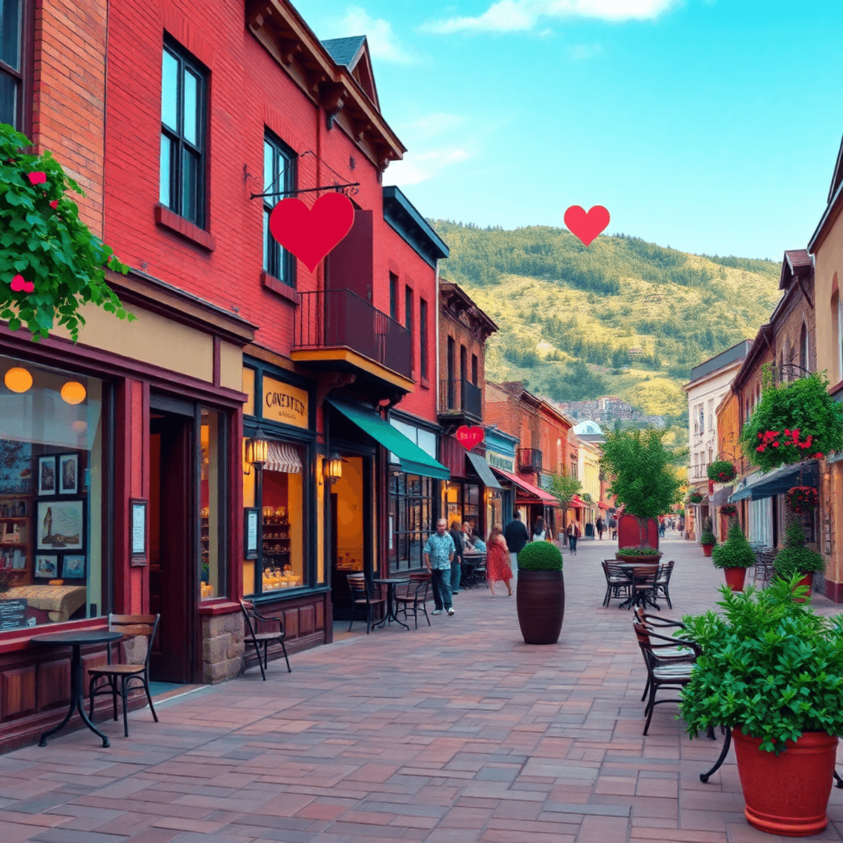 A cozy small-town street in Blende, Colorado, lined with cafes and shops, featuring warm lighting and subtle heart shapes, creating an inviting atm...