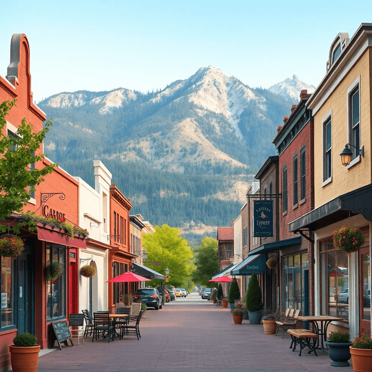 A picturesque small-town street in Laporte, Colorado, lined with cozy cafes and local shops, with mountains in the background hinting at outdoor ad...