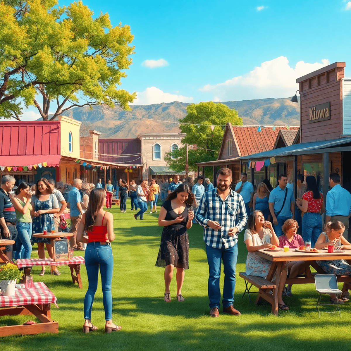 A lively small-town park scene in Kiowa, Colorado, with couples and singles enjoying music, laughter, colorful decorations, and picnic blankets in ...