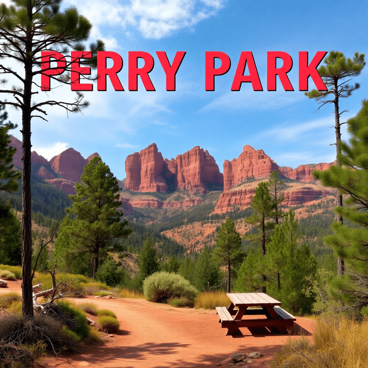 A scenic view of Perry Park, Colorado, featuring striking red rock formations, tall pine trees, and a peaceful hiking trail with a cozy picnic area...