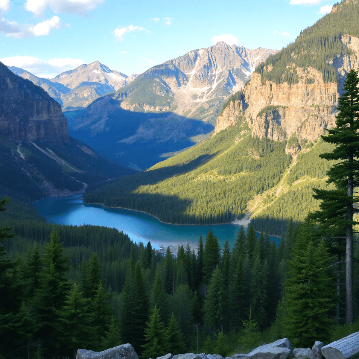 A breathtaking view of Green Mountain Falls, Colorado, showcasing majestic mountains, a serene lake, and lush greenery, ideal for romance and adven...
