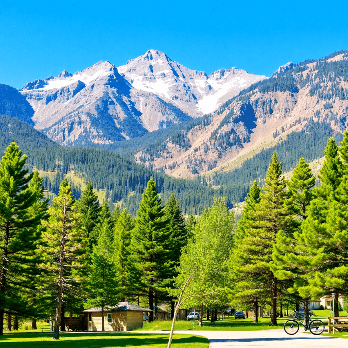 A scenic view of Aspen Park, Colorado, featuring majestic mountains, pine trees, and a clear blue sky, with hiking gear and bicycles suggesting an ...