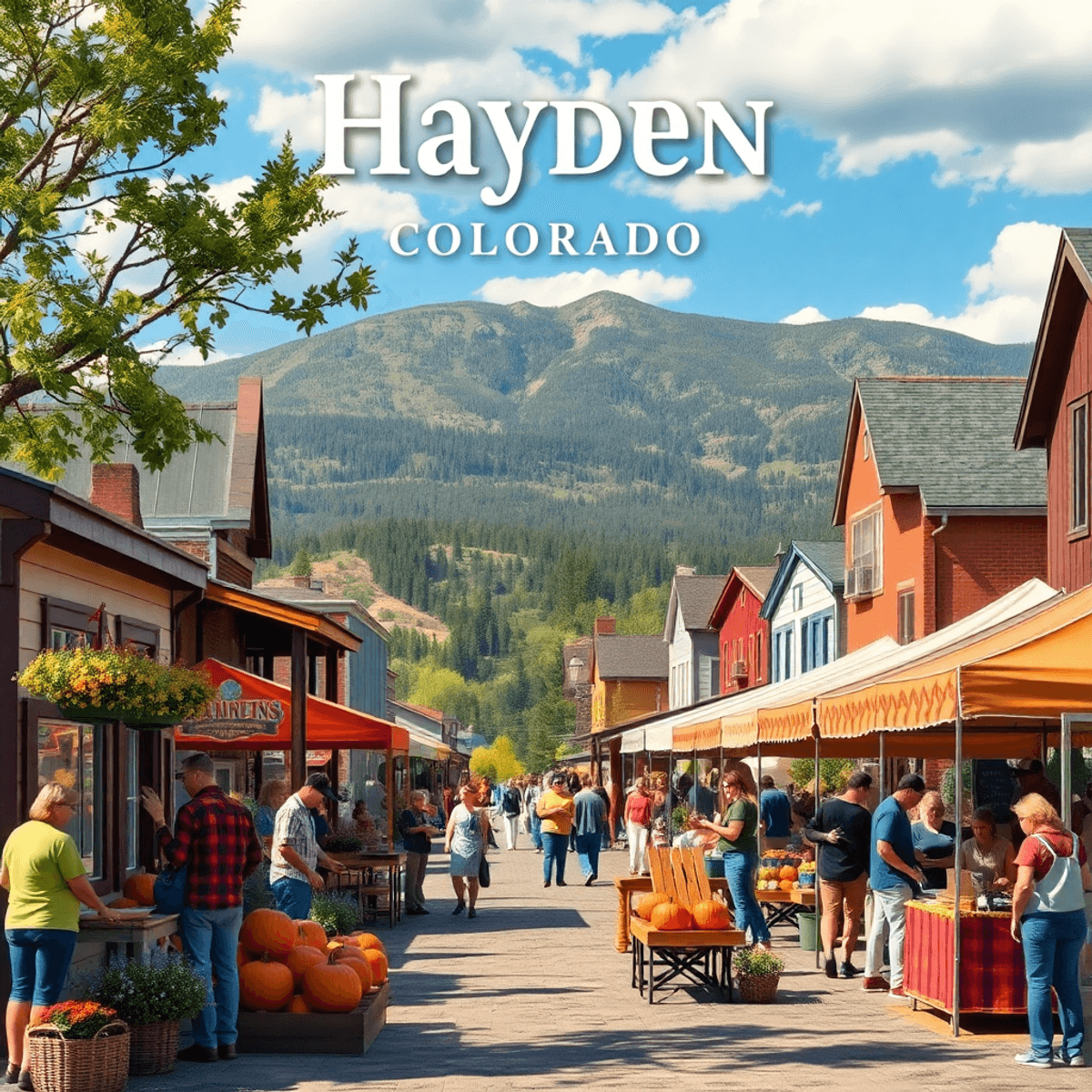 A vibrant farmers market in Hayden, Colorado, with colorful stalls, people enjoying local cuisine, and a backdrop of stunning Colorado scenery.