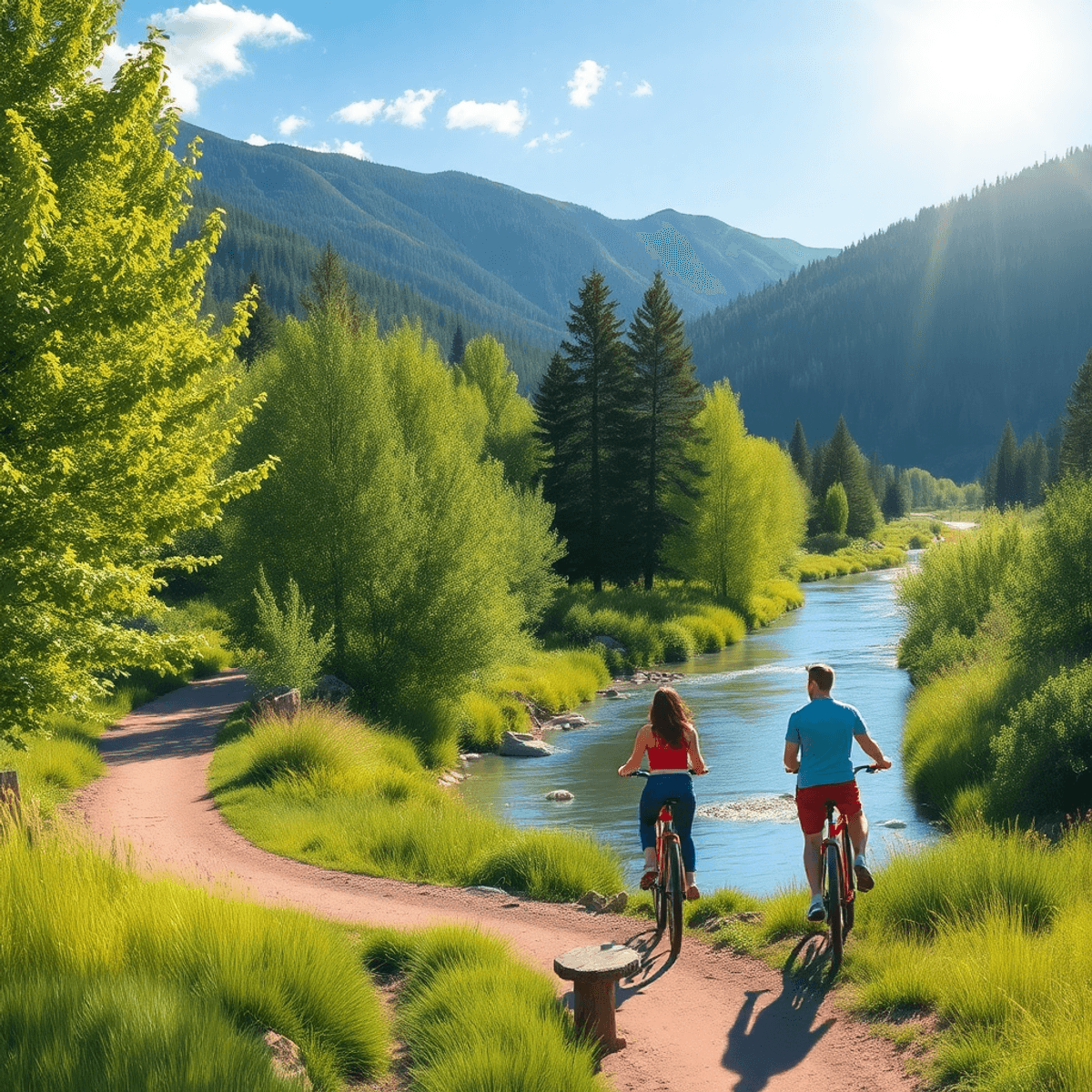 A couple walking hand-in-hand along a scenic river trail, surrounded by lush greenery and mountains under a bright blue sky with soft sunlight filt...