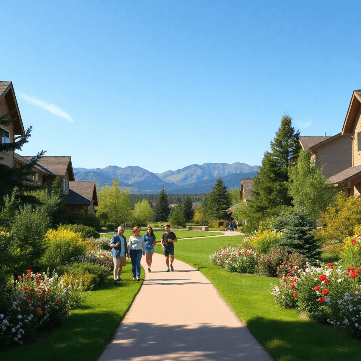 A serene suburban park in Columbine Valley, Colorado, with a walking path, lush greenery, blooming flowers, and a group of people enjoying outdoor ...