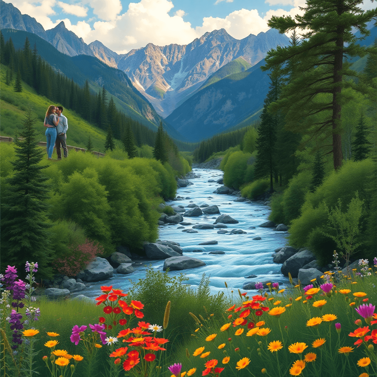 A scenic view of the San Juan Mountains with a flowing river, lush greenery, and colorful wildflowers, featuring a cozy seating area and a couple e...