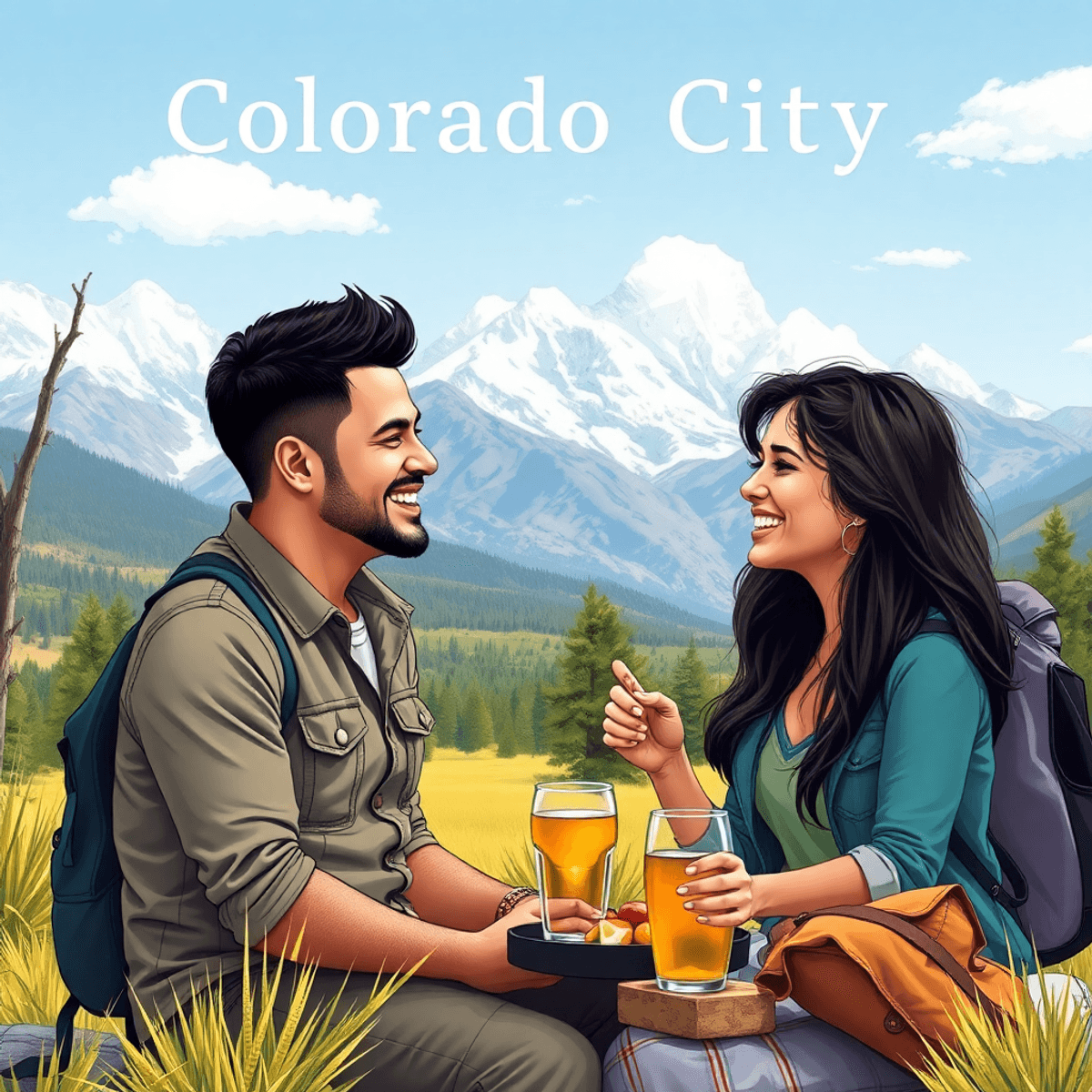 A couple enjoying a casual date outdoors in Colorado City, surrounded by mountains and nature, with hiking gear and a picnic setup, smiling and eng...