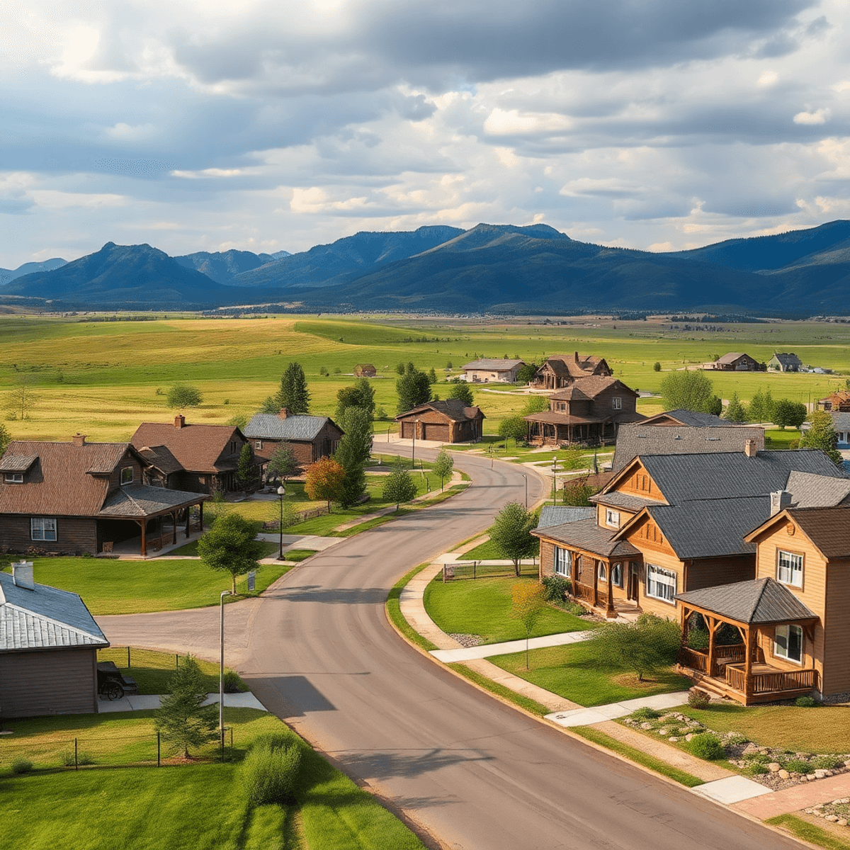 A scenic rural landscape in Colorado showcasing charming ranch-style homes, open streets, and natural beauty, creating a warm and inviting communit...