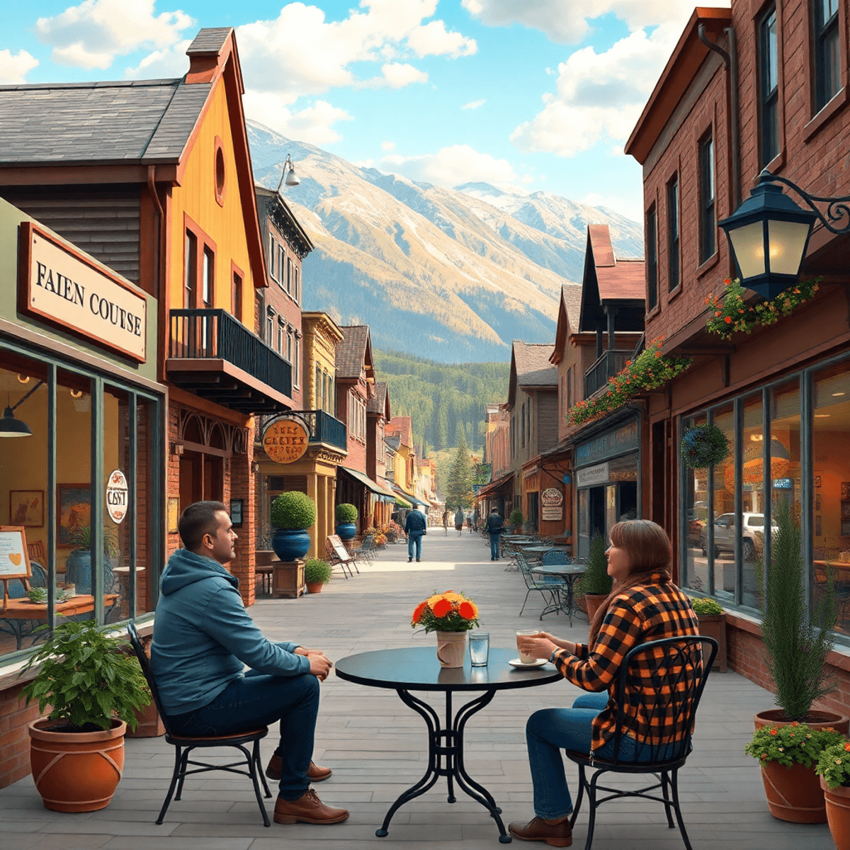 A charming Colorado main street with quaint shops and cafes, set against beautiful mountains, featuring two people enjoying coffee together at an o...