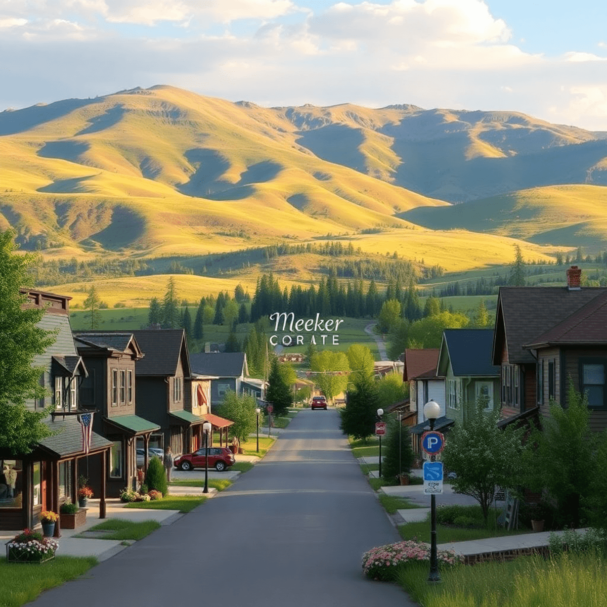 A scenic small-town street in Meeker, Colorado, framed by rolling hills and meadows, with hints of hiking trails and a river, evoking community and...