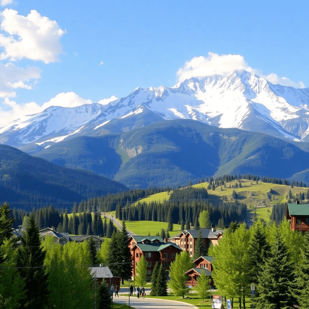 A scenic view of Snowmass Village, Colorado, highlighting majestic mountains, lush greenery, skiing, hiking trails, cozy cabins, and a vibrant fest...