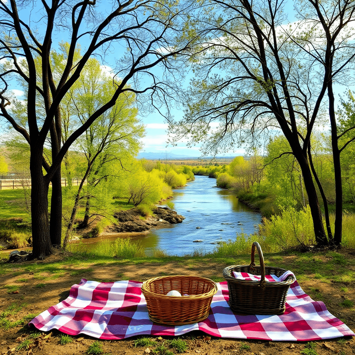 A scenic view of the South Platte River Trail with trees and a clear river, featuring a cozy picnic setup with a blanket and basket in Pioneer Park.