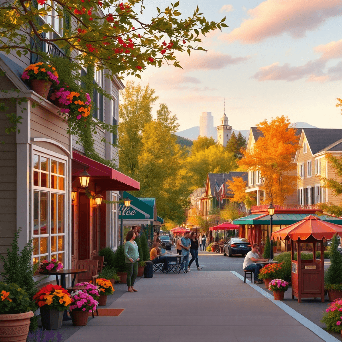 A charming suburban street in Stonegate, Colorado, with cozy cafes, colorful flowers, and people enjoying outdoor activities, set against the dista...