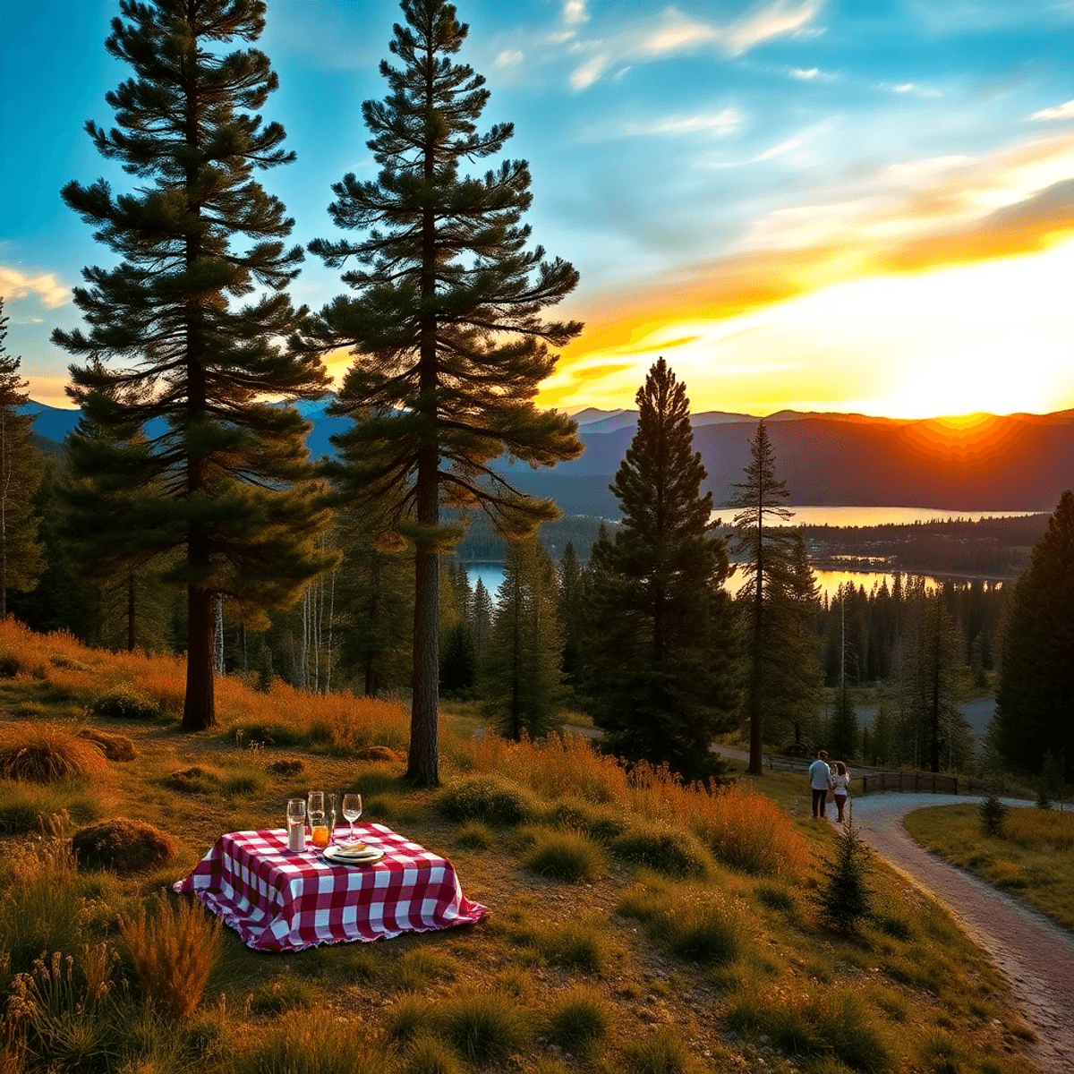 A romantic sunset view in Woodmoor, Colorado, showcasing tall pine and aspen trees, a serene lake, and a couple walking hand-in-hand along a pictur...