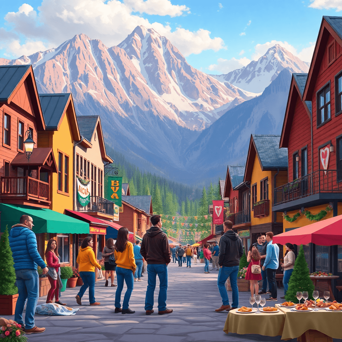 A lively mountain town scene with outdoor activities, community gatherings, and a backdrop of the Rockies, featuring intertwined hands and a festiv...