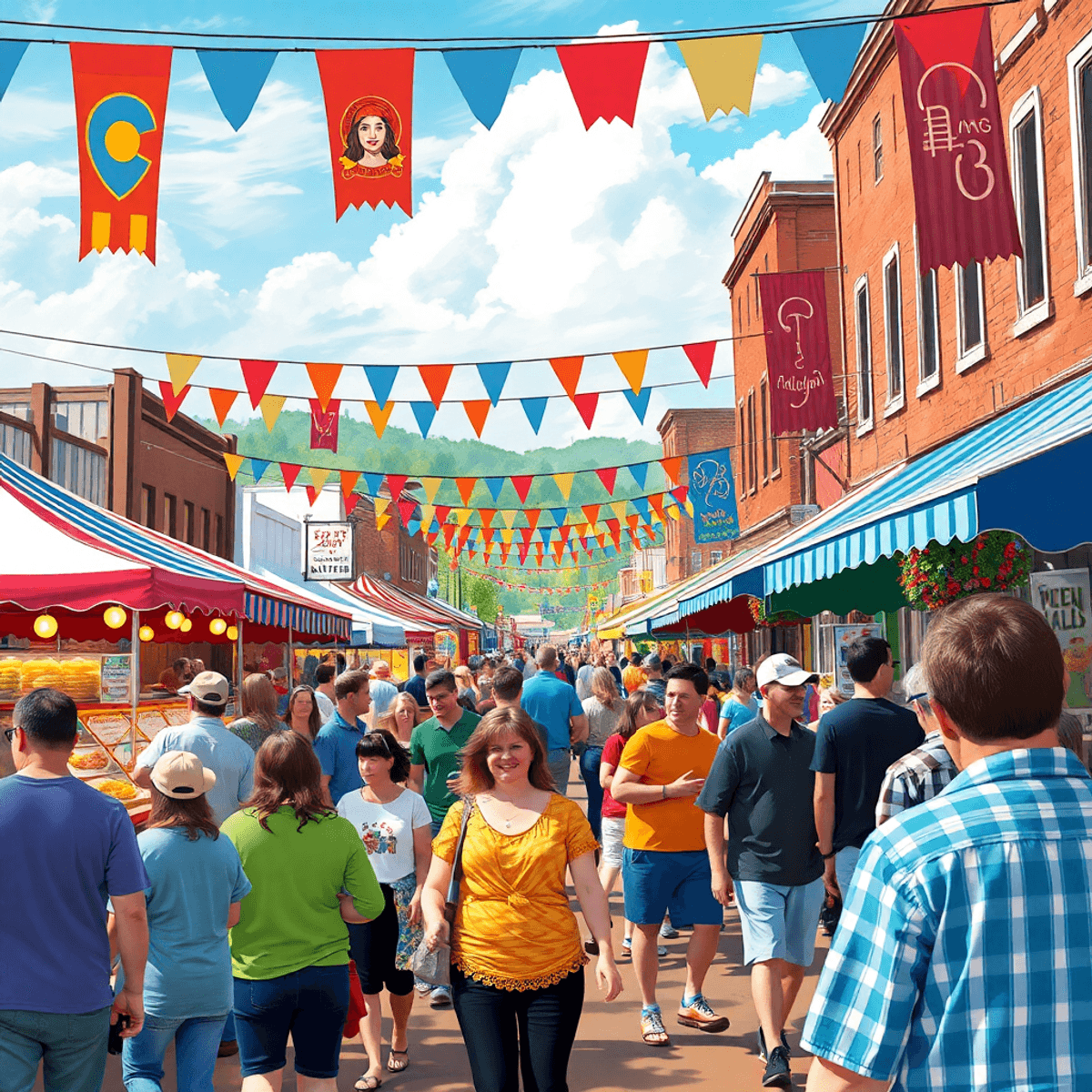 A lively small-town festival scene with colorful banners, food stalls, carnival rides, and smiling people enjoying live music and the festive atmos...