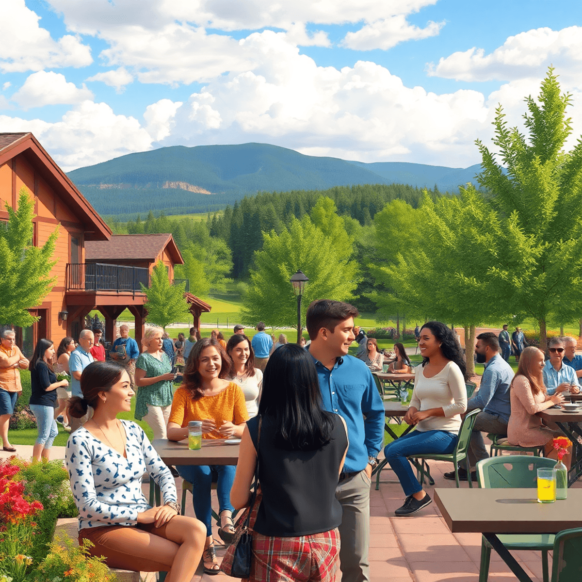 A lively community gathering in a picturesque park in Meridian Village, Colorado, with people engaging in conversation, enjoying activities, and sh...