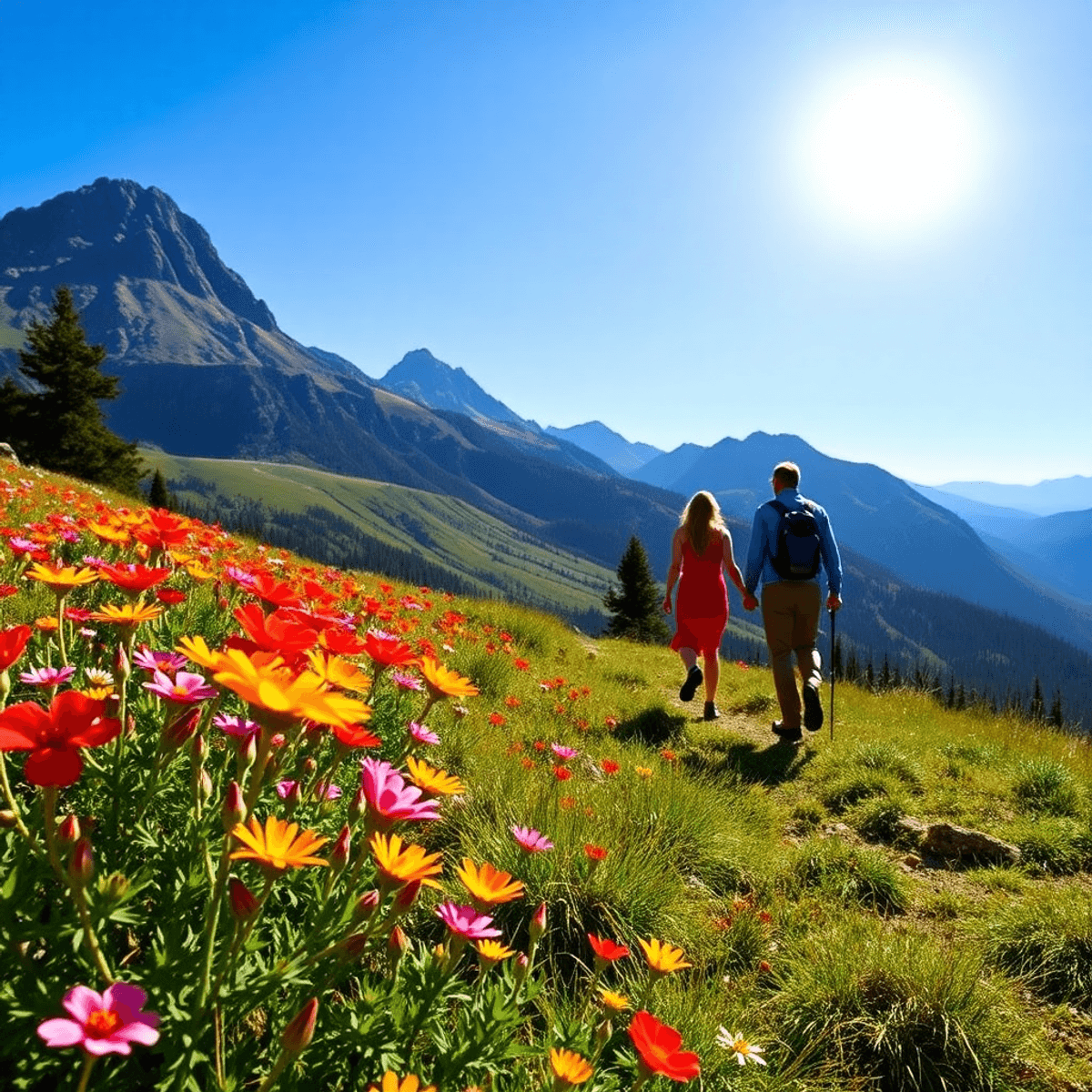 A couple hiking hand-in-hand on a scenic trail with vibrant wildflowers in the foreground, set against a picturesque mountain landscape under a bri...