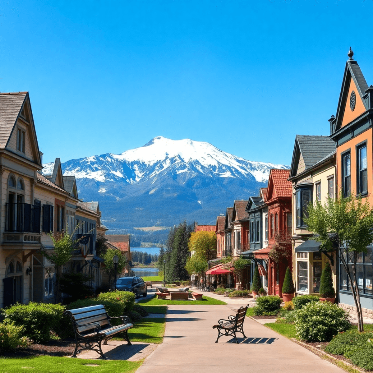 A scenic view of the snow-capped Ten Mile Range under a clear blue sky, with Victorian-era buildings along a quaint street and benches overlooking ...
