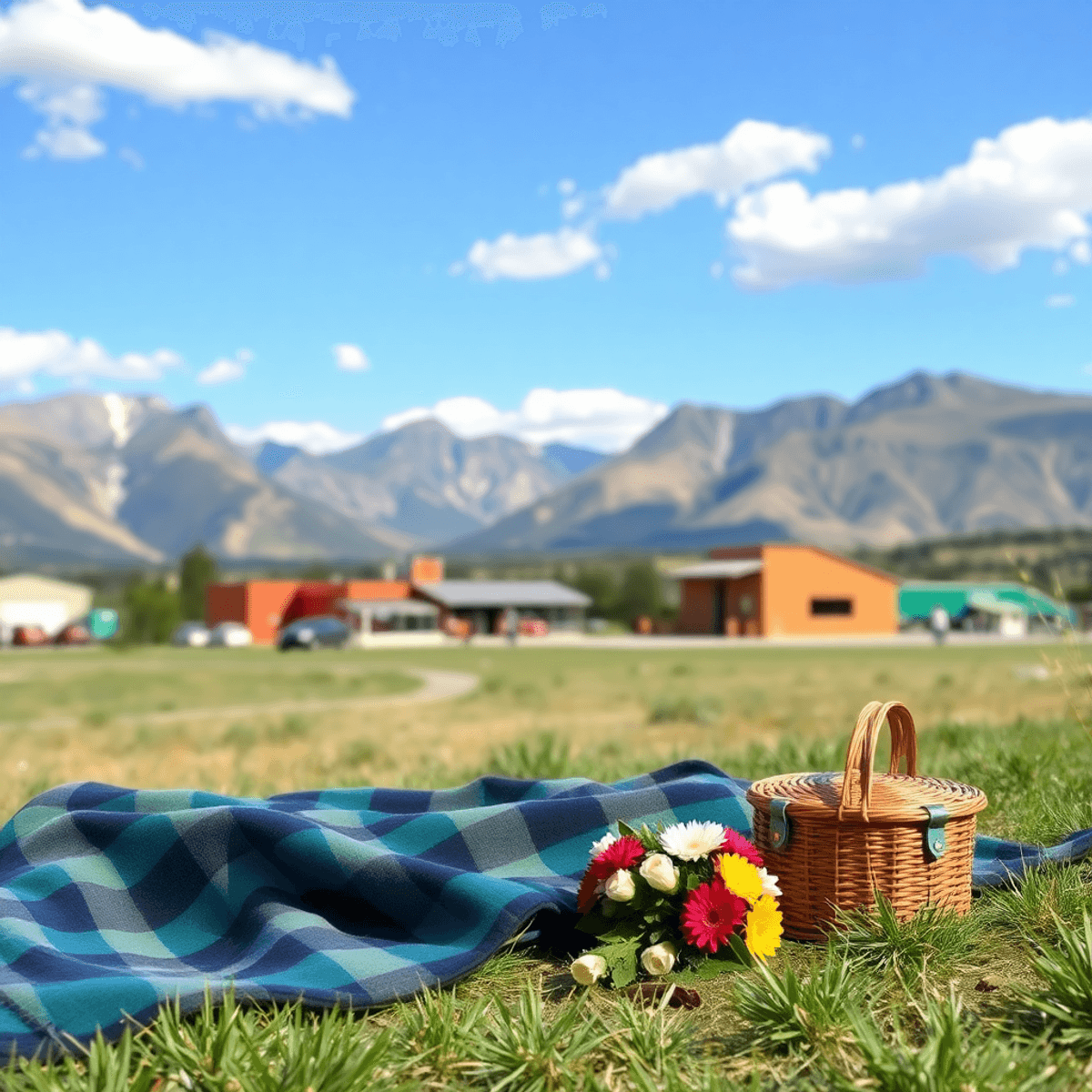 A picturesque outdoor scene in Derby, Colorado, showcasing mountains, a cozy picnic setup with a blanket and flowers, evoking warmth and community ...