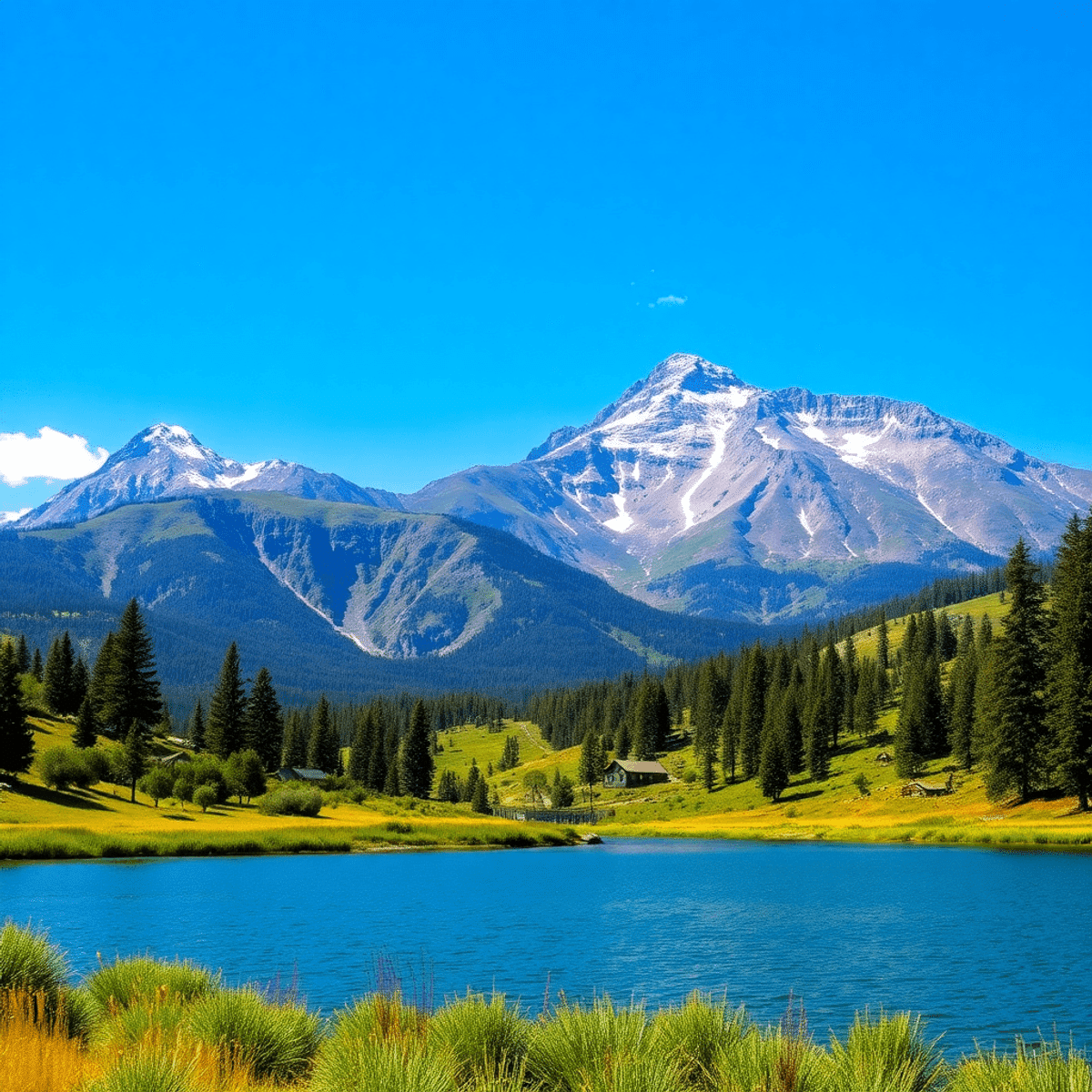 A scenic view of Palmer Lake, Colorado, showcasing majestic mountains, a tranquil lake, lush greenery, and clear blue skies, perfect for outdoor ac...