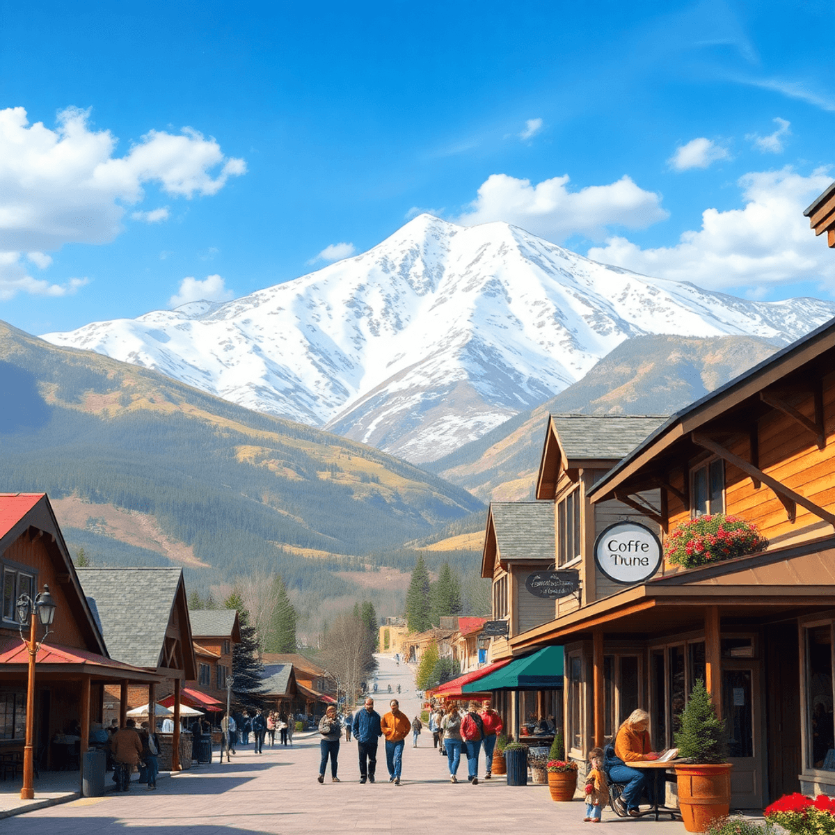 A scenic view of Edwards, Colorado, featuring majestic mountains, a cozy coffee shop, and people skiing and hiking amidst beautiful natural surroun...