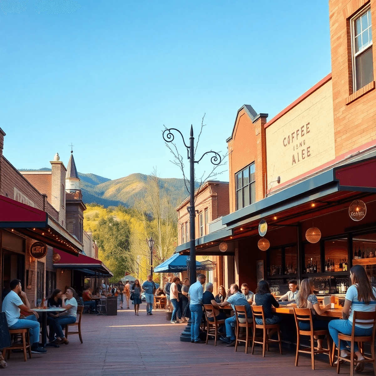 A lively street scene in Berkeley, Colorado, with cozy coffee shops and trendy bars filled with young professionals, set against picturesque Colora...