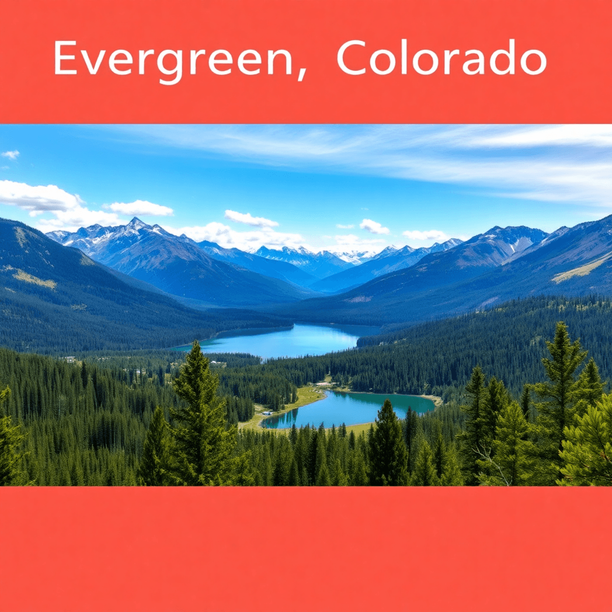 A breathtaking view of Evergreen, Colorado, featuring majestic mountains, a serene lake reflecting the sky, and lush forests, perfect for adventure...