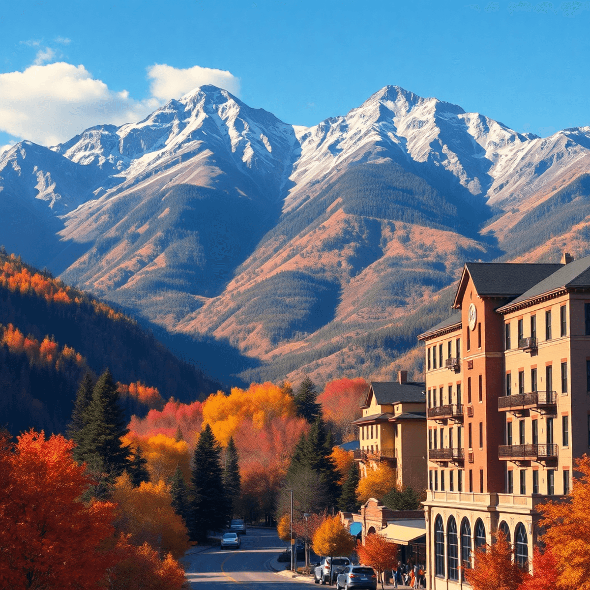 A scenic view of Glenwood Springs, Colorado, showcasing the Rocky Mountains, vibrant autumn foliage, and the historic Hotel Colorado, hinting at ou...