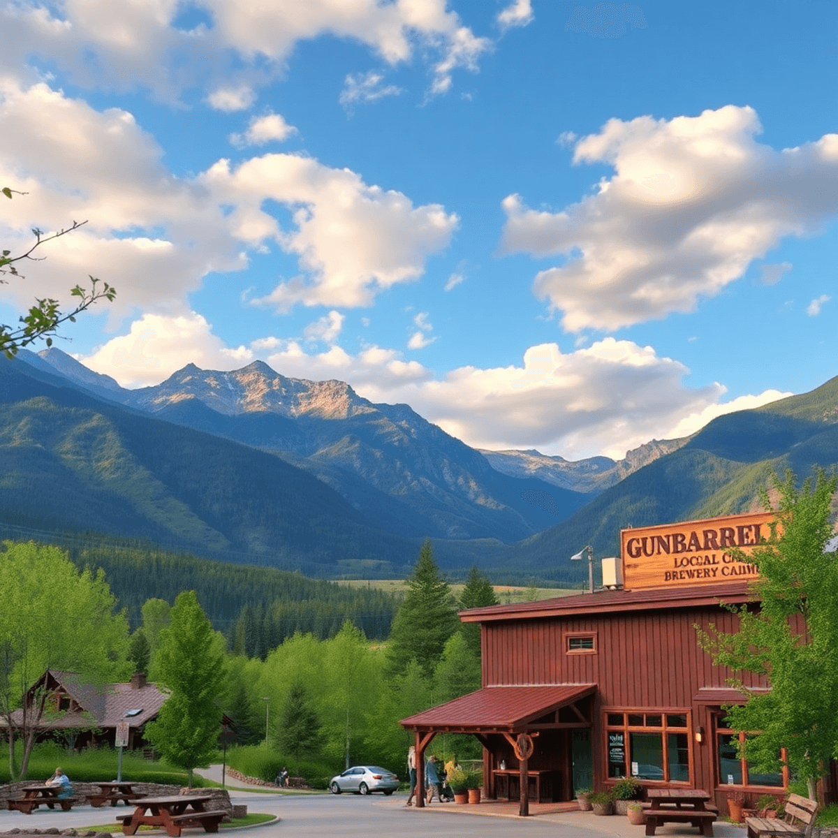 A picturesque view of Gunbarrel, Colorado, featuring stunning mountains and vibrant greenery, with a welcoming local brewery in the foreground.