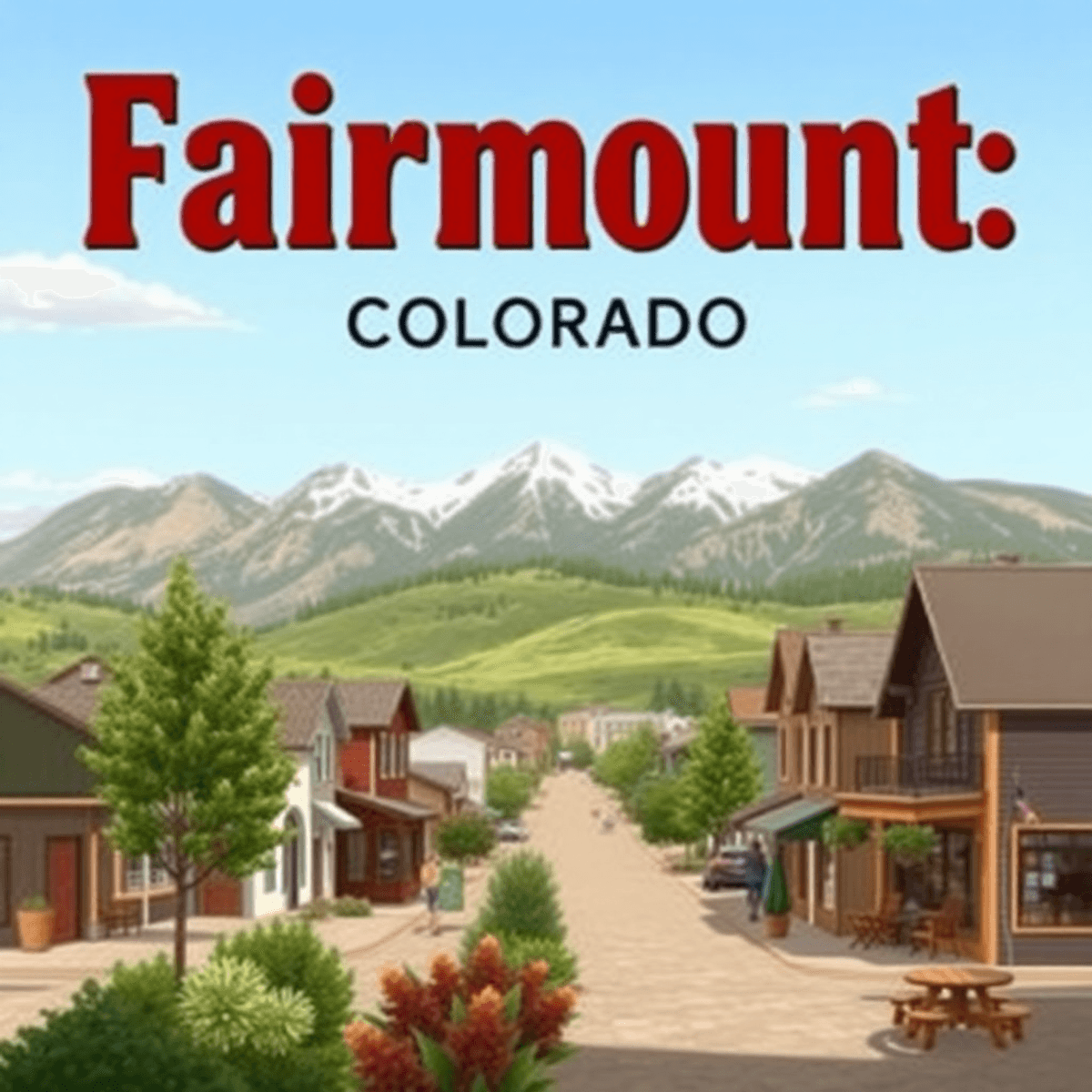 A scenic view of Fairmount, Colorado, featuring mountains, hiking trails, and a cozy café, capturing the warm community spirit and outdoor activities.