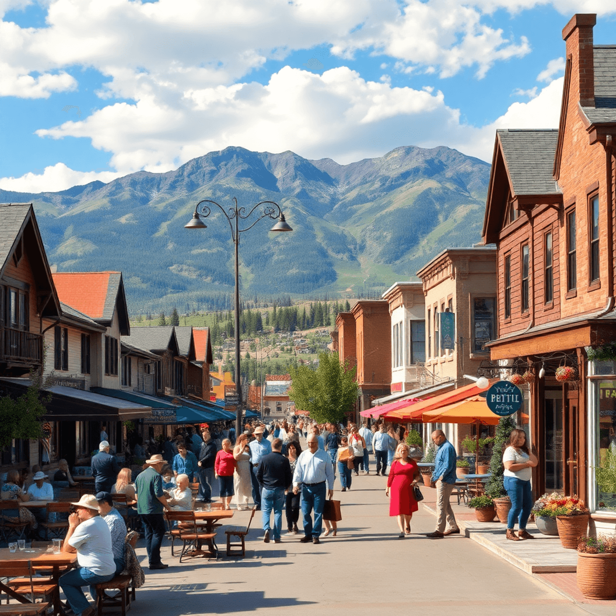 A vibrant scene in Rifle, Colorado, featuring a small town with mountains in the background. People engage in outdoor activities and social gatheri...