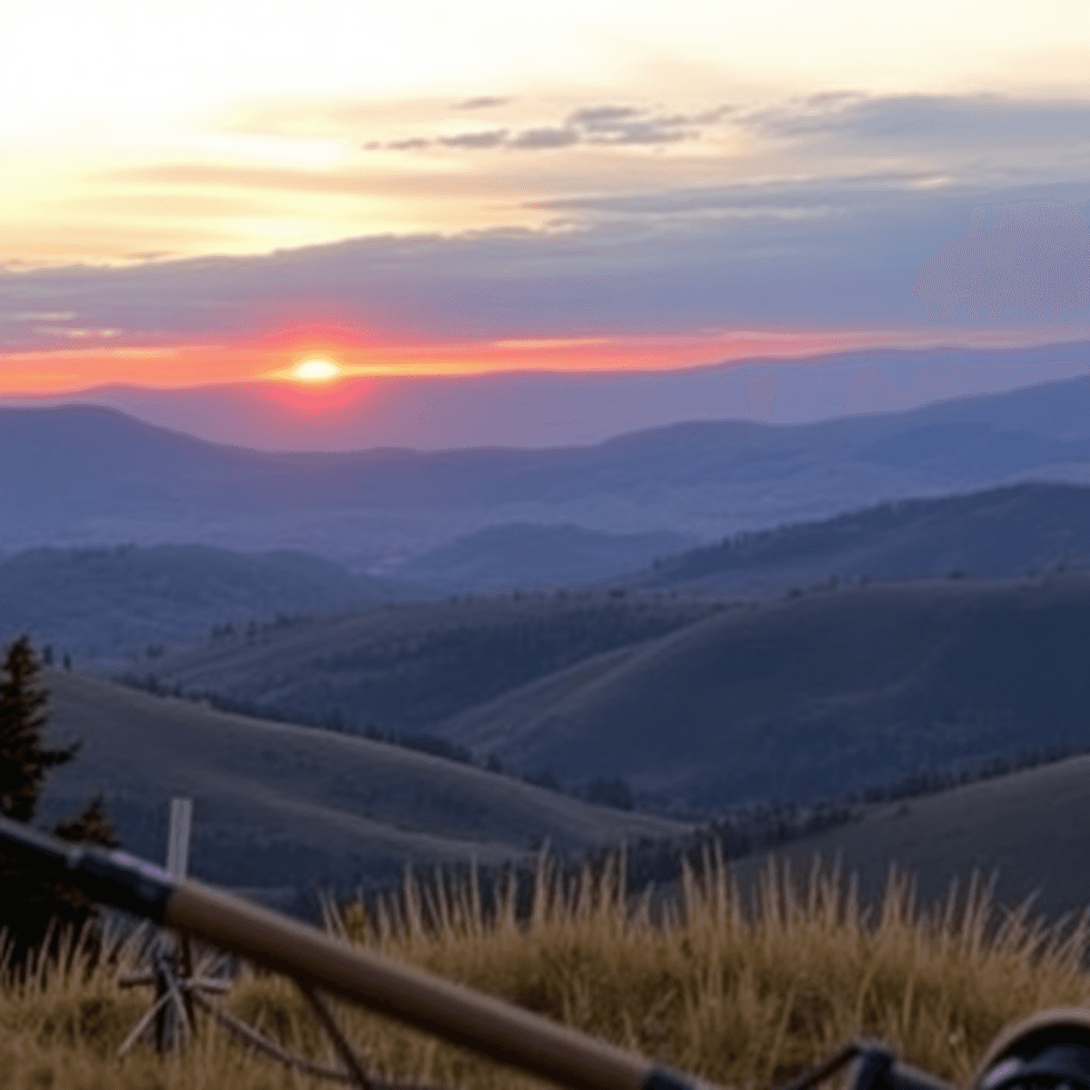 A scenic Colorado landscape with rolling hills and a vibrant sunset, featuring fishing rods and hiking gear in the foreground, reflecting an outdoo...