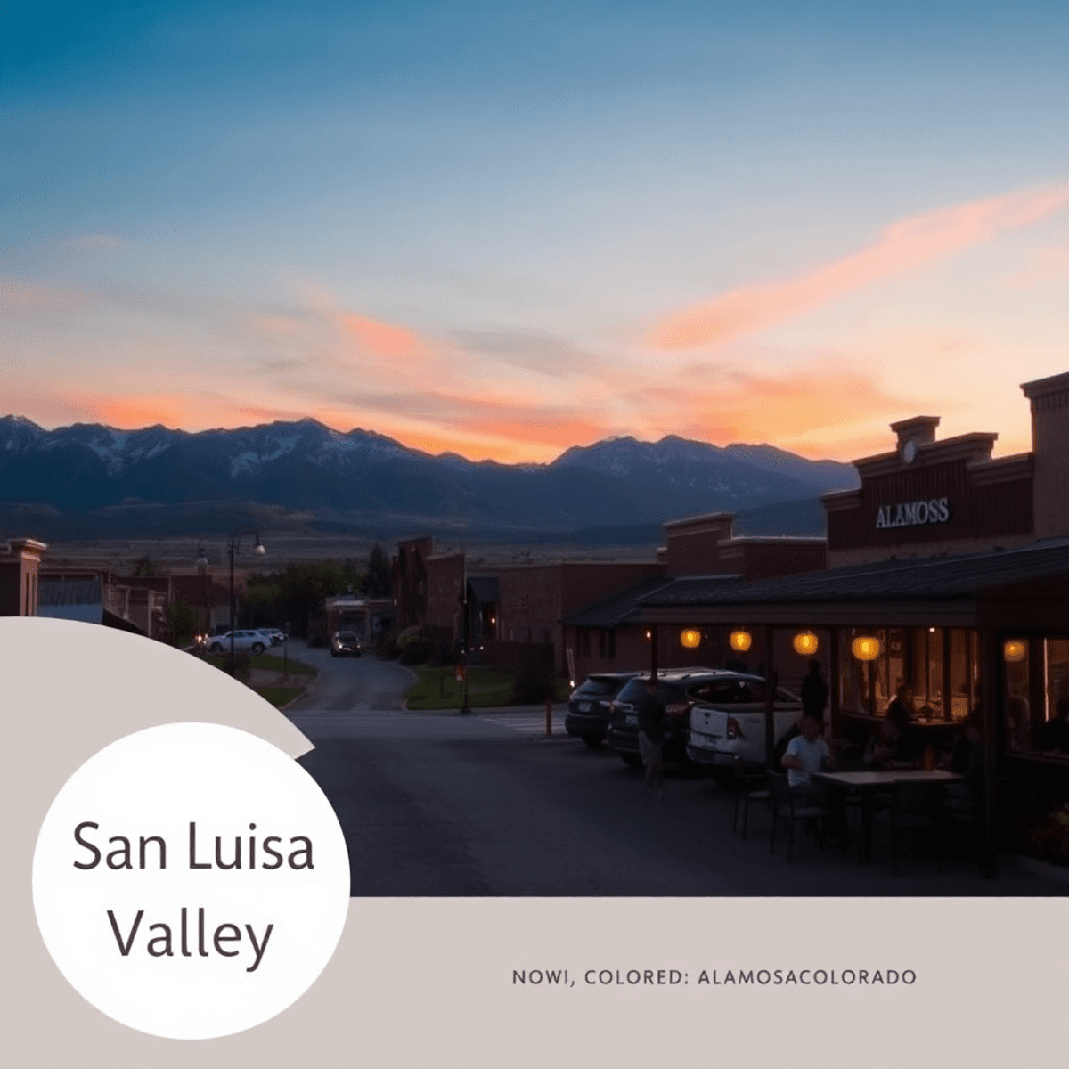 A sunset over the San Luis Valley in Alamosa, Colorado, with majestic mountains, open skies, and a cozy café setting where people enjoy outdoor act...