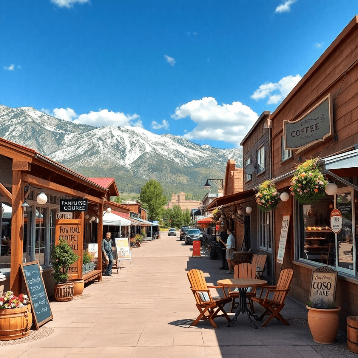 A cozy coffee shop with outdoor seating in a small town, surrounded by mountains, featuring elements of local events like food and vintage markets,...