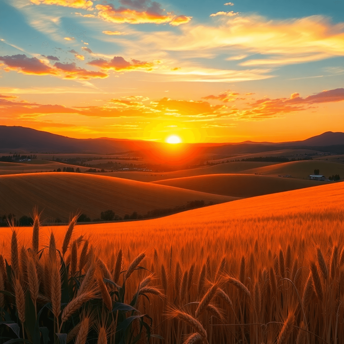 A picturesque sunset over rolling fields of corn and wheat in La Salle, Colorado, capturing the area's natural beauty and charm, with hints of comm...