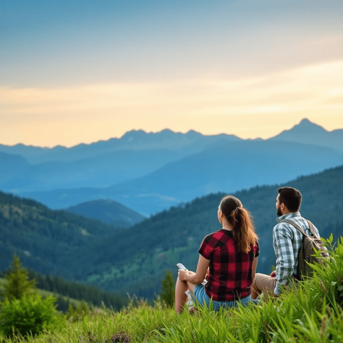 A couple enjoying a hike in the Colorado foothills, surrounded by vibrant greenery and mountains under clear blue skies, capturing a sense of adven...