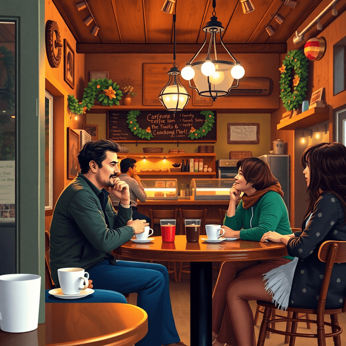 A cozy coffee shop with rustic decor and warm lighting, featuring coffee cups and pastries. People engage in conversation, reflecting a welcoming c...