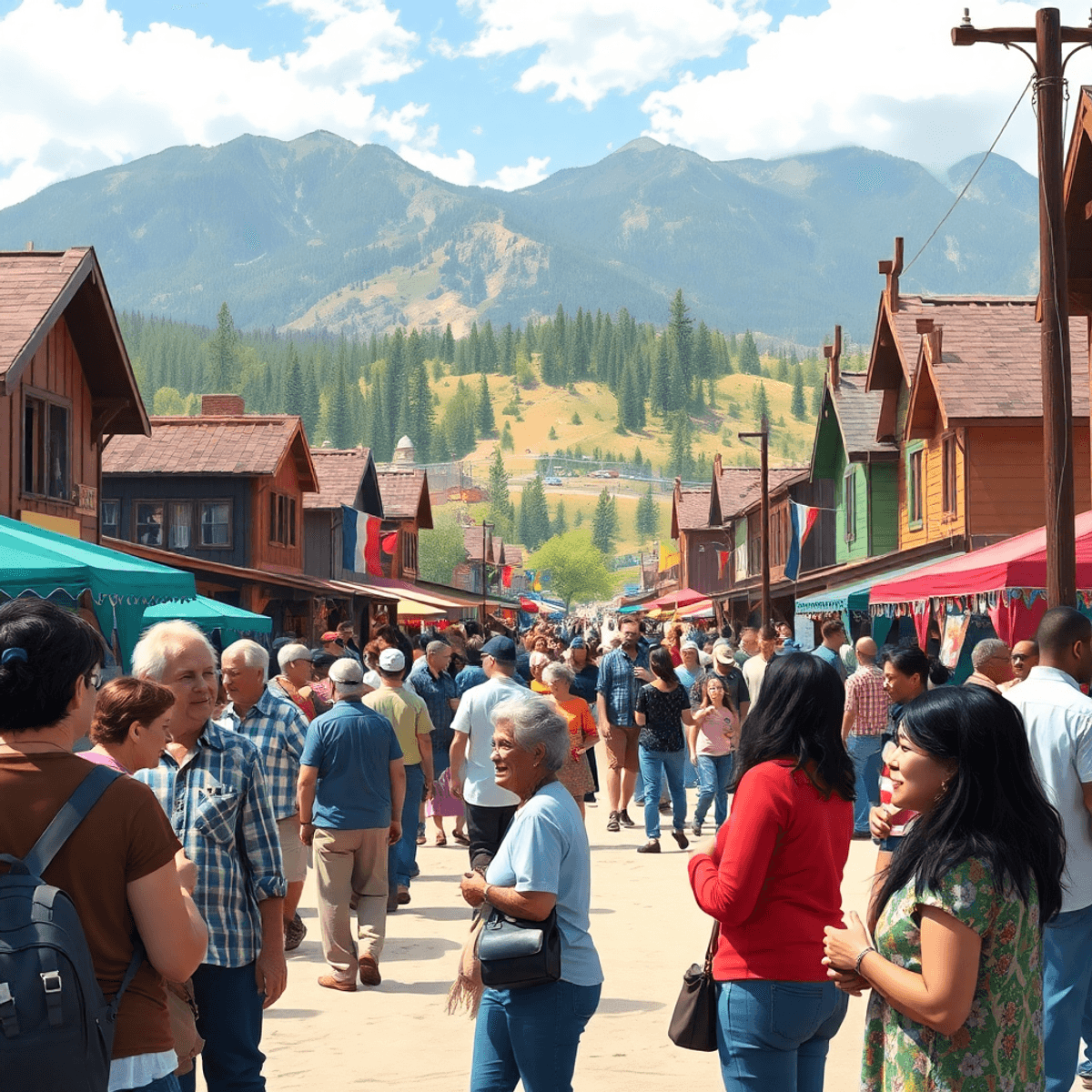 A vibrant small-town community event in Silt, Colorado, with people enjoying outdoor activities, socializing, and a beautiful backdrop of mountains...
