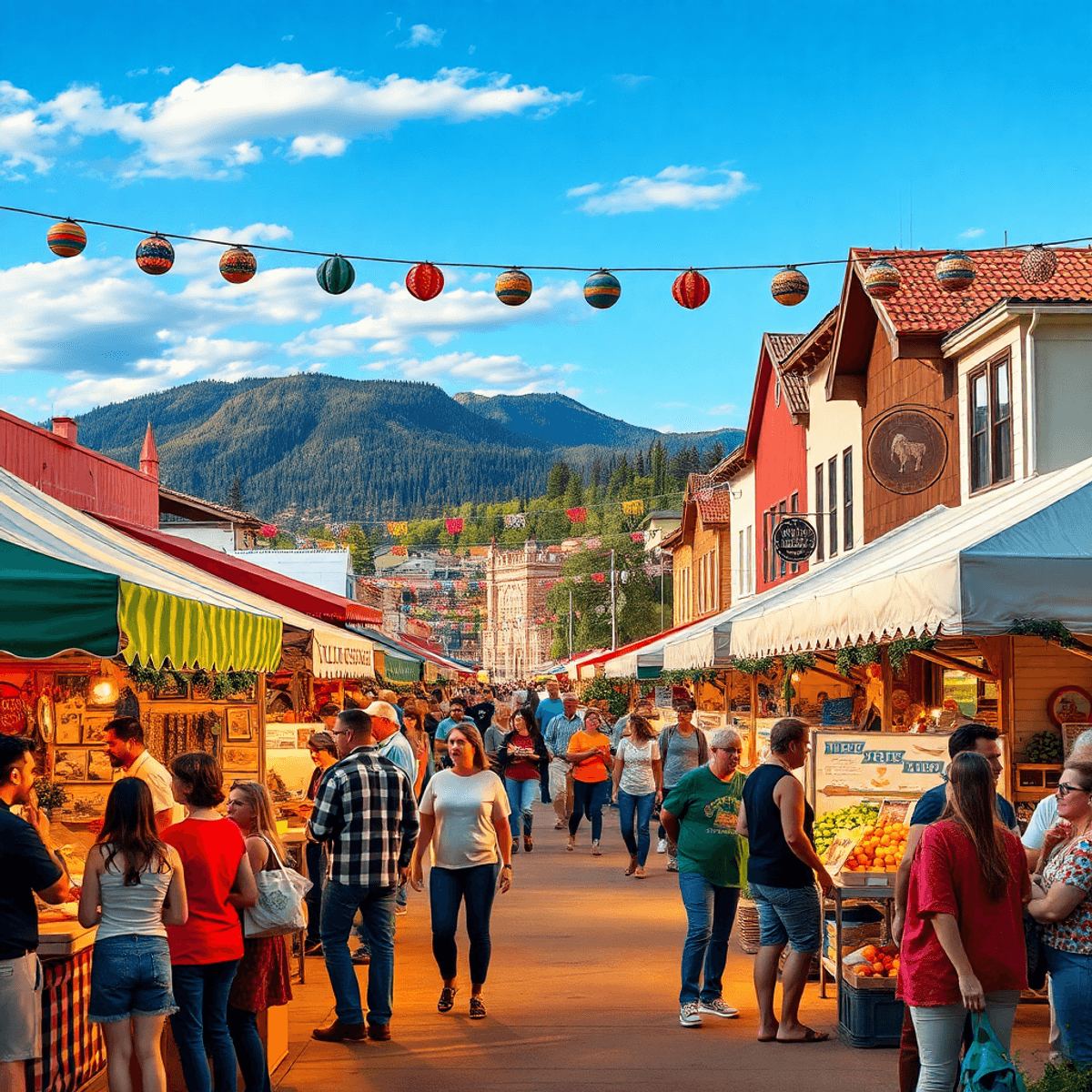 A lively small-town festival in Florence, Colorado, featuring colorful decorations, food stalls, art displays, and people enjoying live music in a ...
