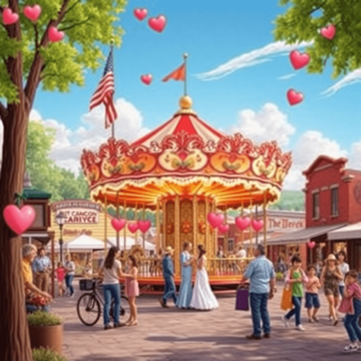 A charming small-town scene in Burlington, Colorado, showcasing the historic Kit Carson County Carousel with couples enjoying vibrant community eve...
