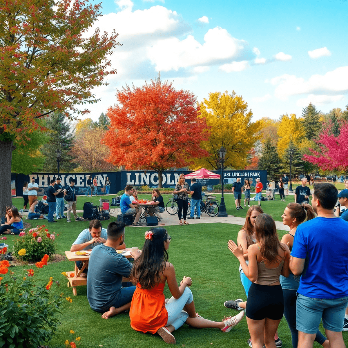 A lively scene in Lincoln Park, Colorado, showcasing young adults picnicking, attending a music performance, and joining a fitness class amidst col...