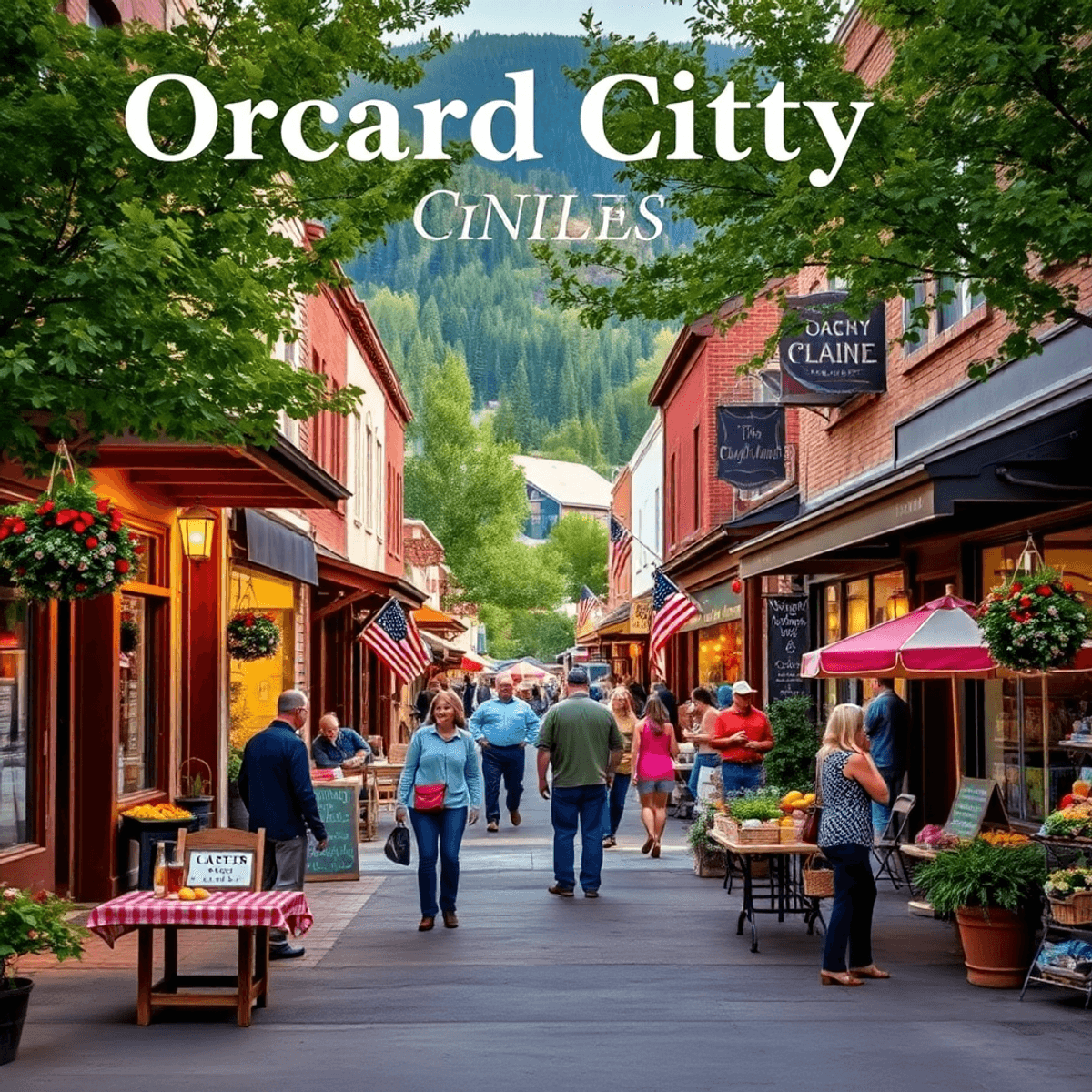 A vibrant small town scene in Orchard City, Colorado, showcasing charming streets with shops and cafes, a farmers market, and locals engaging warmly.
