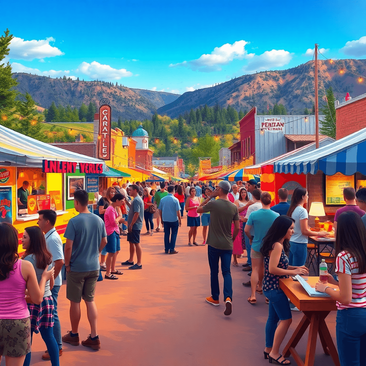A lively small-town festival in Bennett, Colorado, with people enjoying food trucks, live music, and games amidst colorful decorations and festive ...